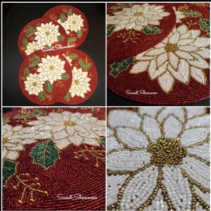 4 Nicole Miller Beaded Charger Placemat Set 15" POINSETTIA Holiday Christmas NEW